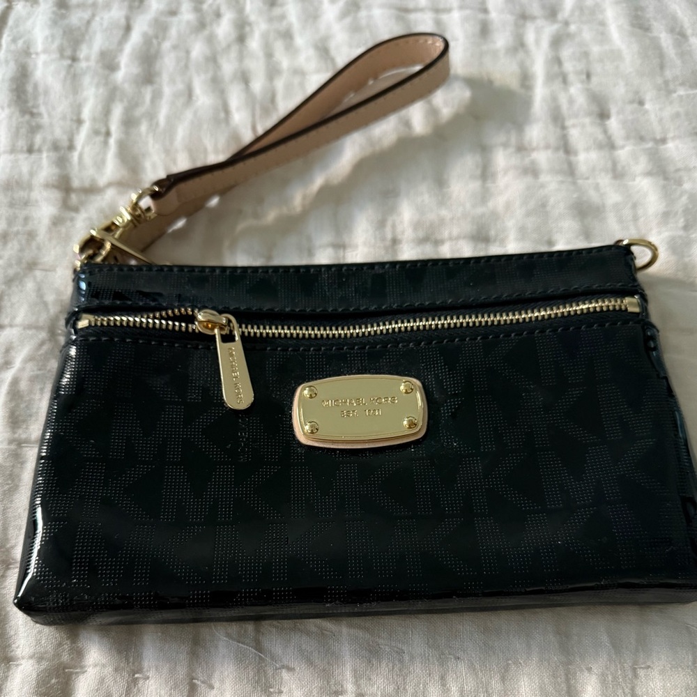 Michael Kors Glossy Black Wristlet with Gold Accents